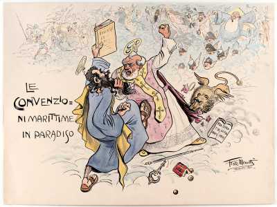 Ma Menotti disegn� anche avvenimenti storici pi� leggeri o immaginari. Celebre � la dissacrante rissa in Paradiso tra San Nicola e San Marco per la contesa tra Bari e Venezia della sede dei servizi postali e commerciali dell�Adriatico

